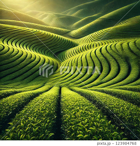 美しき曲線が広がる茶畑の風景 123984768