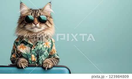 Cool cat in tropical shirt and sunglasses with suitcase on teal background with empty space.  Vacation banner for cruise, travel promo 123984809