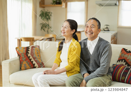 リビングでくつろぐ老夫婦 リビングでくつろぐ老夫婦 123984847