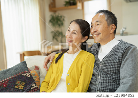 リビングでくつろぐ老夫婦 リビングでくつろぐ老夫婦 123984852