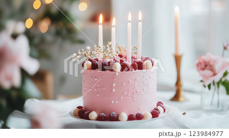 A pink cake, pie with white candles on a table and golden candlesticks. Festive elegant decor for a holiday celebration. Creamy tart with raspberries. This is AI-generated item This is AI-generated it A pink cake, pie with white candles on a table and golden candlesticks. Festive elegant decor for a holiday celebration. Creamy tart with raspberries. This is AI-generated item This is AI-generated it 123984977