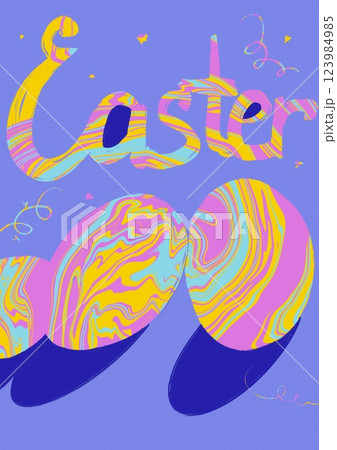 Multicoloured Easter eggs on a purple background. A spring religious annual holiday celebrated in April. Festive springtime food and decor. Fine art. Multicoloured Easter eggs on a purple background. A spring religious annual holiday celebrated in April. Festive springtime food and decor. Fine art. 123984985