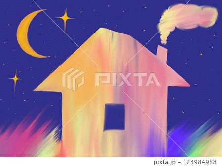 A house with one window and a chimney with smoke on the background of night blue starry sky with a young moon. Steppe with colourful grass. Sweet home 123984988