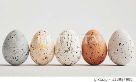 Little dotted eggs isolated on white background. Eco food on rustic kitchen table. Easter food on light backdrop. Quail eggs in a row front view.  This is AI-generated item 123984996