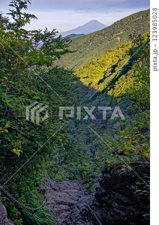 夏の丹沢表尾根・行者岳の鎖場と富士山 123985028