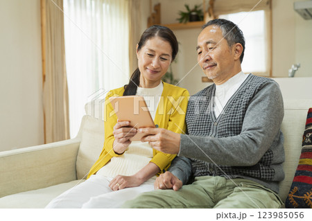 リビングでタブレット端末を使う老夫婦 リビングでタブレット端末を使う老夫婦 123985056