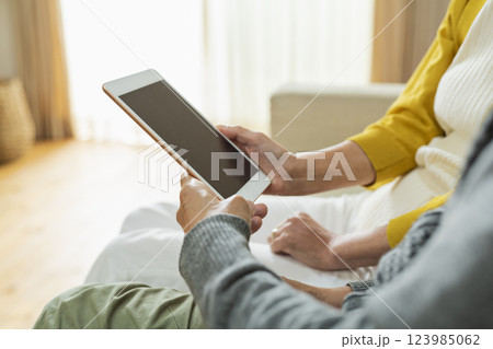 リビングでタブレット端末を使う老夫婦 リビングでタブレット端末を使う老夫婦 123985062
