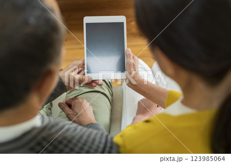 リビングでタブレット端末を使う老夫婦 リビングでタブレット端末を使う老夫婦 123985064