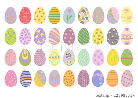 Easter egg collection colorful decorated in festive tones holiday symbol, flat style hand drawn vector illustration for spring celebration time decor, greeting cards, invitations, banners, web design 123985317