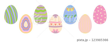 Easter eggs set colorful decorated in festive tones holiday symbol, flat style hand drawn vector illustration for spring celebration time decor, greeting cards, invitations, banners, web design 123985366