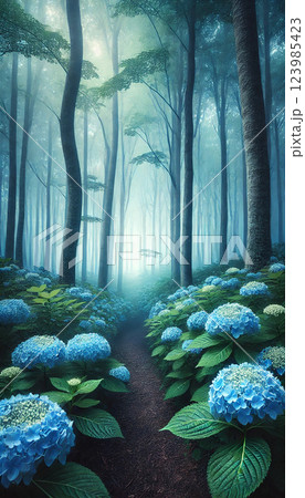 幻想的な青い紫陽花の森 - 静寂と神秘の散歩道 幻想的な青い紫陽花の森 - 静寂と神秘の散歩道 123985423