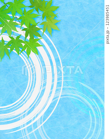 新緑のモミジと水紋のイラストフレーム背景素材 123985451