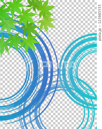 新緑のモミジと水紋のイラストフレーム背景素材 123985555