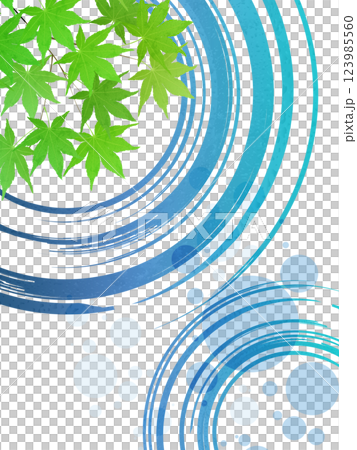 新緑のモミジと水紋のイラストフレーム背景素材 123985560