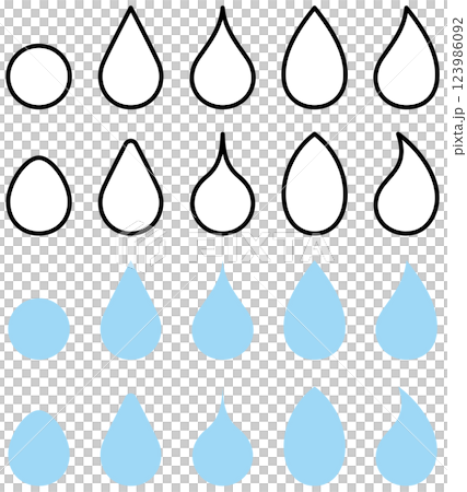 様々な形の水滴、雫のベクターイラストのセット 様々な形の水滴、雫のベクターイラストのセット 123986092