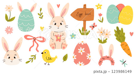 Esther bunnie with painted eggs network.vector network of Esther elements, eggs, Rabbits, flowers, butterfleece, flowers, green grass. Esther bunnie with painted eggs network.vector network of Esther elements, eggs, Rabbits, flowers, butterfleece, flowers, green grass. 123986149