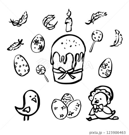 Hand drawn doodle easter elements isolated on white. Chicks, cakes, eggs, treat, candy, feathers, candle. Vector illustration. Design for print, postcard. Hand drawn doodle easter elements isolated on white. Chicks, cakes, eggs, treat, candy, feathers, candle. Vector illustration. Design for print, postcard. 123986463
