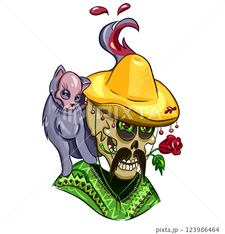 Drawn skull with cat without background. Mexican skeleton for halloween or day of the dead. 123986464