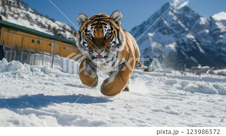 Tiger Runs Through Snow Towards Camera with Mountain Backdrop. Majestic Animal in Winter Wonderland Theme. 123986572