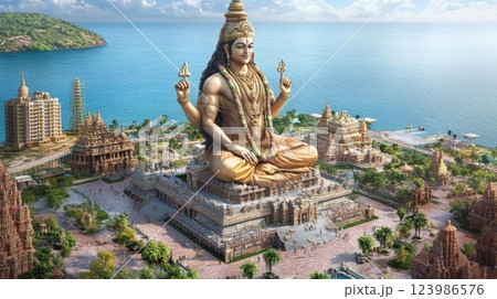 Golden Statue Sits Serenely Amidst Coastal Temples and Lush Greenery, Spirituality Architecture. Golden Statue Sits Serenely Amidst Coastal Temples and Lush Greenery, Spirituality Architecture. 123986576