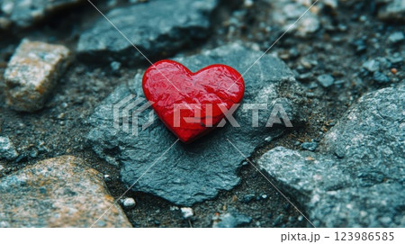 Red Heart Shaped Stone Rests on Gray Rocks, Symbolizing Love and Affection. 123986585