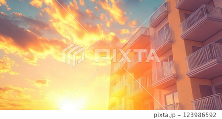 Modern Apartment Building Stands Tall Against a Vibrant Sunset Urban Living. 123986592