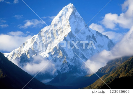 Majestic Snow-Capped Mountain Peak Reaches for the Sky with Clouds and Valley Below, Himalayan Majesty 123986603
