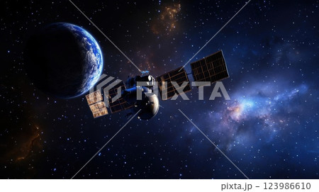 Satellite Orbits Earth in the Vast Galaxy, Exploring the Cosmos and Deep Space with Advanced Technology. Satellite Orbits Earth in the Vast Galaxy, Exploring the Cosmos and Deep Space with Advanced Technology. 123986610
