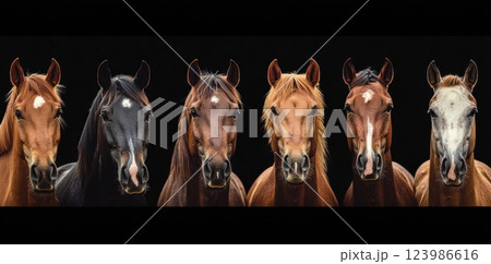 Six Horses Posing for Camera with Dark Background, Horse Portrait Photography. 123986616
