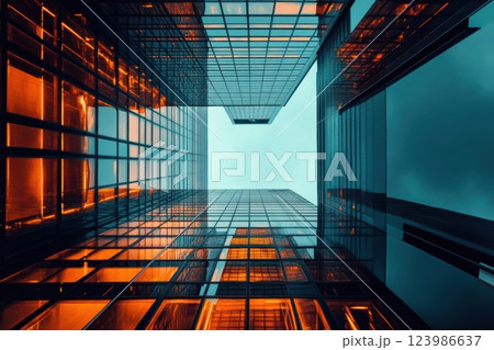 Skyscrapers Reach for Sky with Vibrant Glow, Urban Architecture and Modern City Design Concept. Skyscrapers Reach for Sky with Vibrant Glow, Urban Architecture and Modern City Design Concept. 123986637