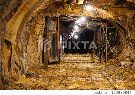 細倉鉱山の坑道とトロッコ道 123986847