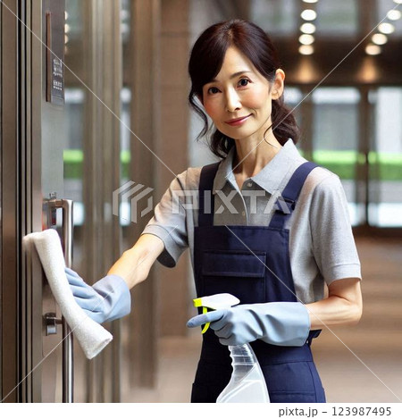 オフィスビルの清掃をしている中年女性 123987495