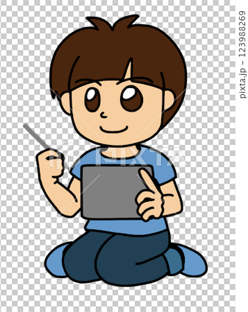 一個男孩坐著使用平板電腦 顏色 123988269