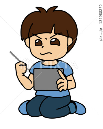 難しそうにタブレットを操作する男の子 カラー 難しそうにタブレットを操作する男の子 カラー 123988270