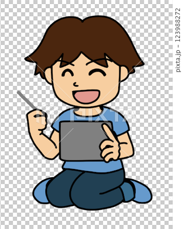 A boy operating a tablet with a big smile. Color A boy operating a tablet with a big smile. Color 123988272