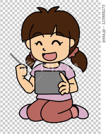 A girl operating a tablet with a smile on her face Color A girl operating a tablet with a smile on her face Color 123988273