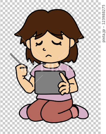 A girl operating a tablet with a sad face Color 123988275