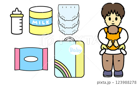 赤ちゃんを抱っこするパパと育児グッズのイラスト 123988278