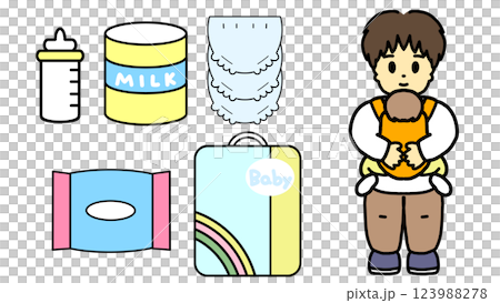 赤ちゃんを抱っこするパパと育児グッズのイラスト 123988278