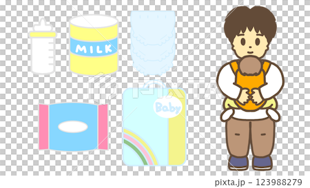 父親抱著嬰兒和兒童保育用品的插圖 123988279