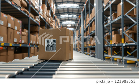 Multiple cardboard box packages move smoothly along a conveyor belt in a busy warehouse fulfillment center. The concept of automation, logistics, and efficient supply chain management. Generative AI. 123988353