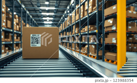 Multiple cardboard box packages move smoothly along a conveyor belt in a busy warehouse fulfillment center. The concept of automation, logistics, and efficient supply chain management. Generative AI. 123988354