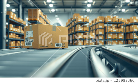 Multiple cardboard box packages move smoothly along a conveyor belt in a busy warehouse fulfillment center. The concept of automation, logistics, and efficient supply chain management. Generative AI. Multiple cardboard box packages move smoothly along a conveyor belt in a busy warehouse fulfillment center. The concept of automation, logistics, and efficient supply chain management. Generative AI. 123988366