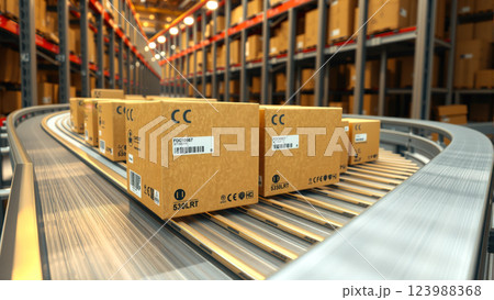Multiple cardboard box packages move smoothly along a conveyor belt in a busy warehouse fulfillment center. The concept of automation, logistics, and efficient supply chain management. Generative AI. Multiple cardboard box packages move smoothly along a conveyor belt in a busy warehouse fulfillment center. The concept of automation, logistics, and efficient supply chain management. Generative AI. 123988368