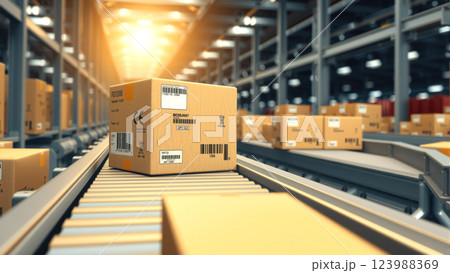 Multiple cardboard box packages move smoothly along a conveyor belt in a busy warehouse fulfillment center. The concept of automation, logistics, and efficient supply chain management. Generative AI. Multiple cardboard box packages move smoothly along a conveyor belt in a busy warehouse fulfillment center. The concept of automation, logistics, and efficient supply chain management. Generative AI. 123988369
