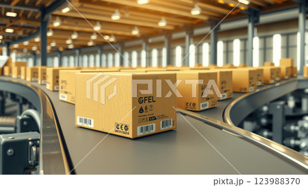 Multiple cardboard box packages move smoothly along a conveyor belt in a busy warehouse fulfillment center. The concept of automation, logistics, and efficient supply chain management. Generative AI. 123988370