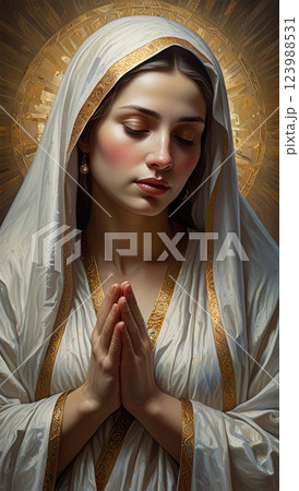 A Serene Portrait of a Young Woman in a White Headscarf with a Gentle Smile and Beautiful Eyes 123988531