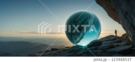A Stunning Crystal Ball Resting on a Rock with Mountains and Three Moons in the Sky Above 123988537