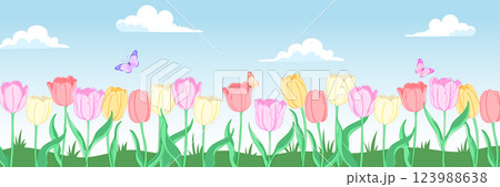 カラフルなチューリップ畑と青空の風景イラスト 123988638