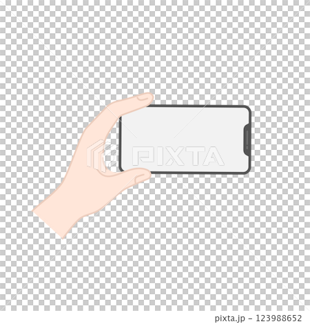 Illustration of a smartphone held horizontally in one hand (line drawing, color) 123988652